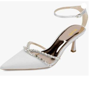XYD Women Kitten Heel Ankle Strap Pumps Elegant Pointed Toe Gemstone Crystal